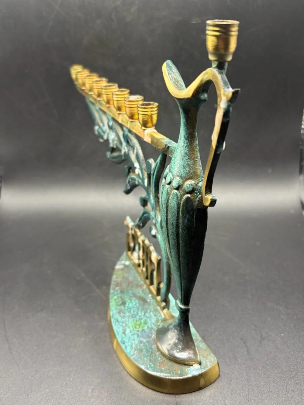 Vintage MCM Israeli Brass &Enamel Hanukkah Menorah Judaica Chanuka Candle Holder